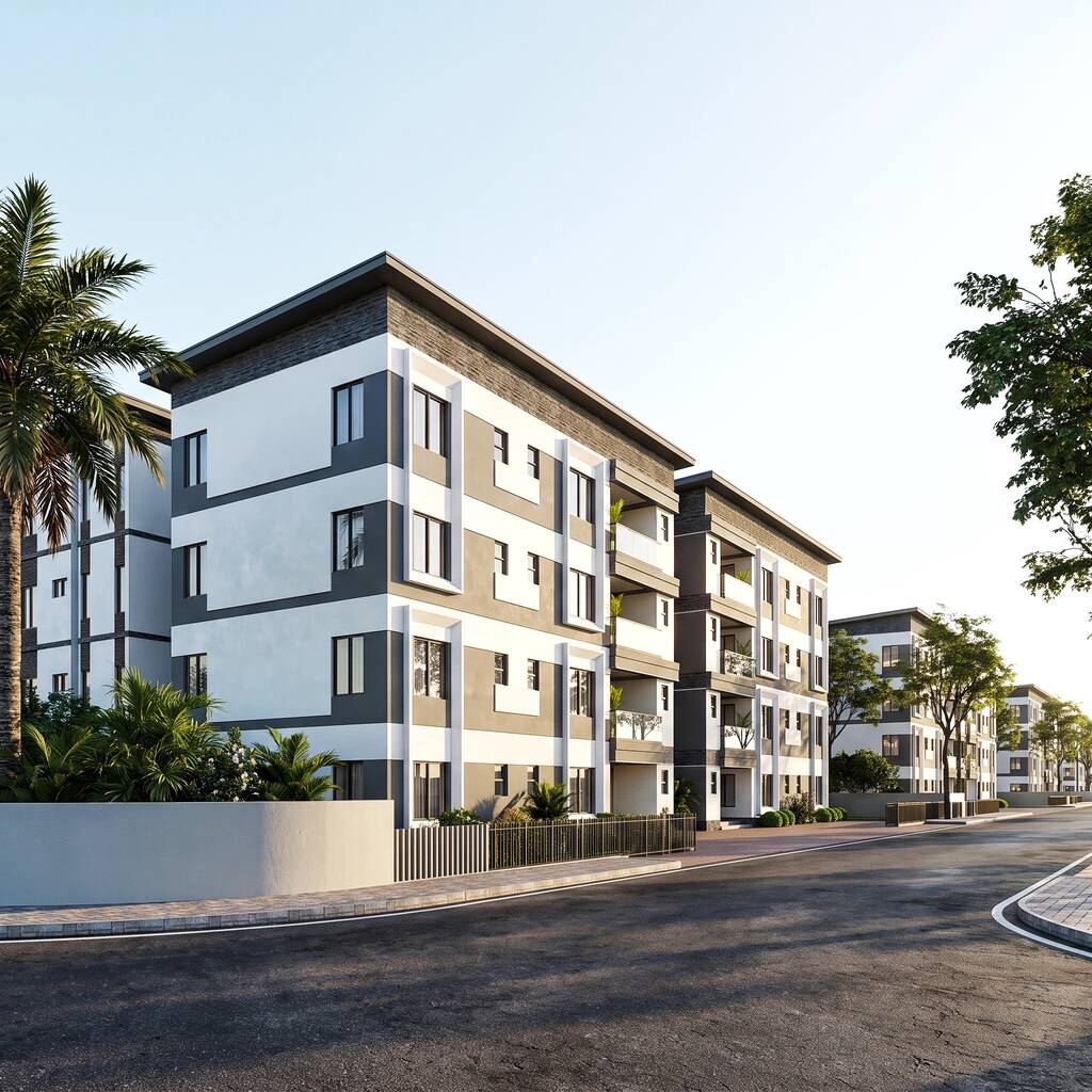 Low-rise apartment blocks on a tree-lined road