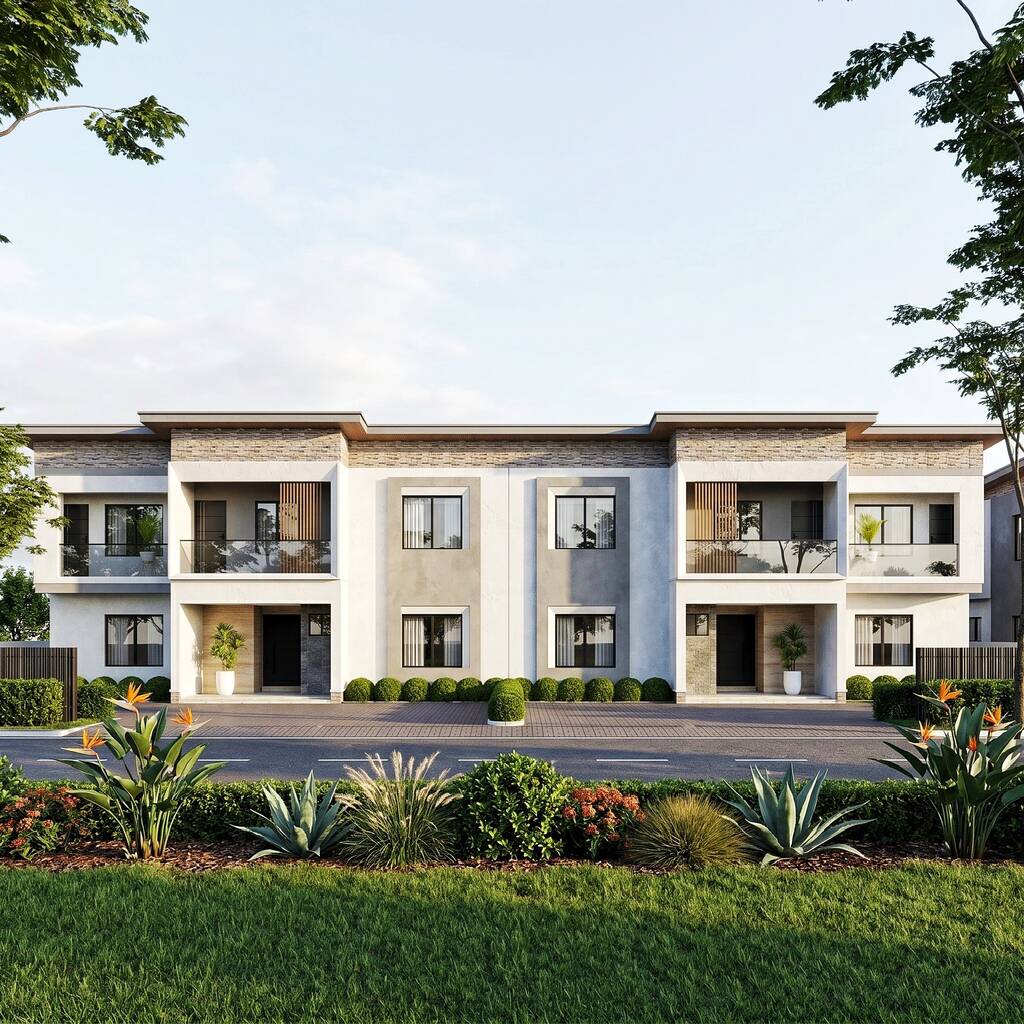 Front elevation of a pair of 4 bedroom semi-detached duplexes