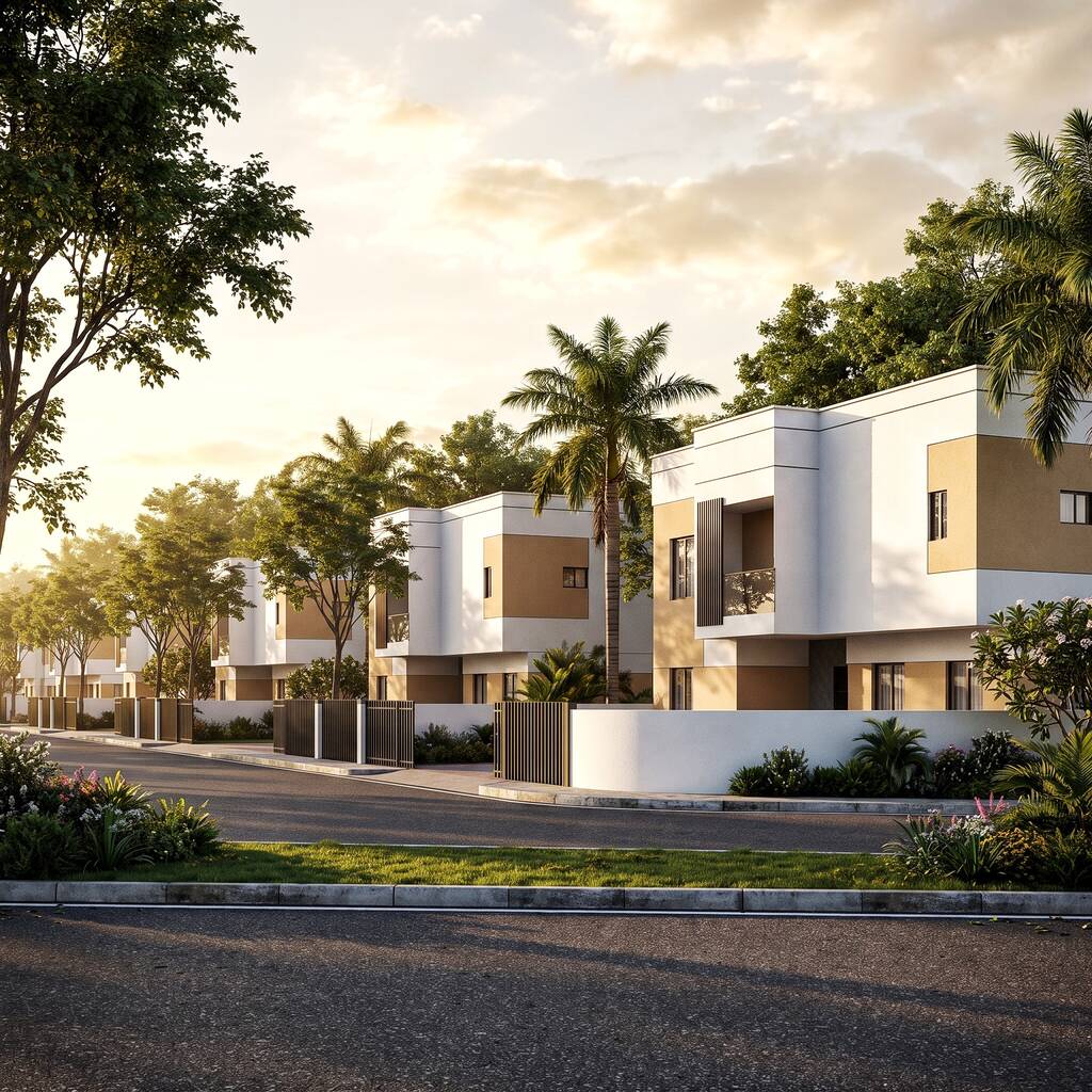 Detached duplexes along a palm-lined street at Emily Ville Estate at sunset